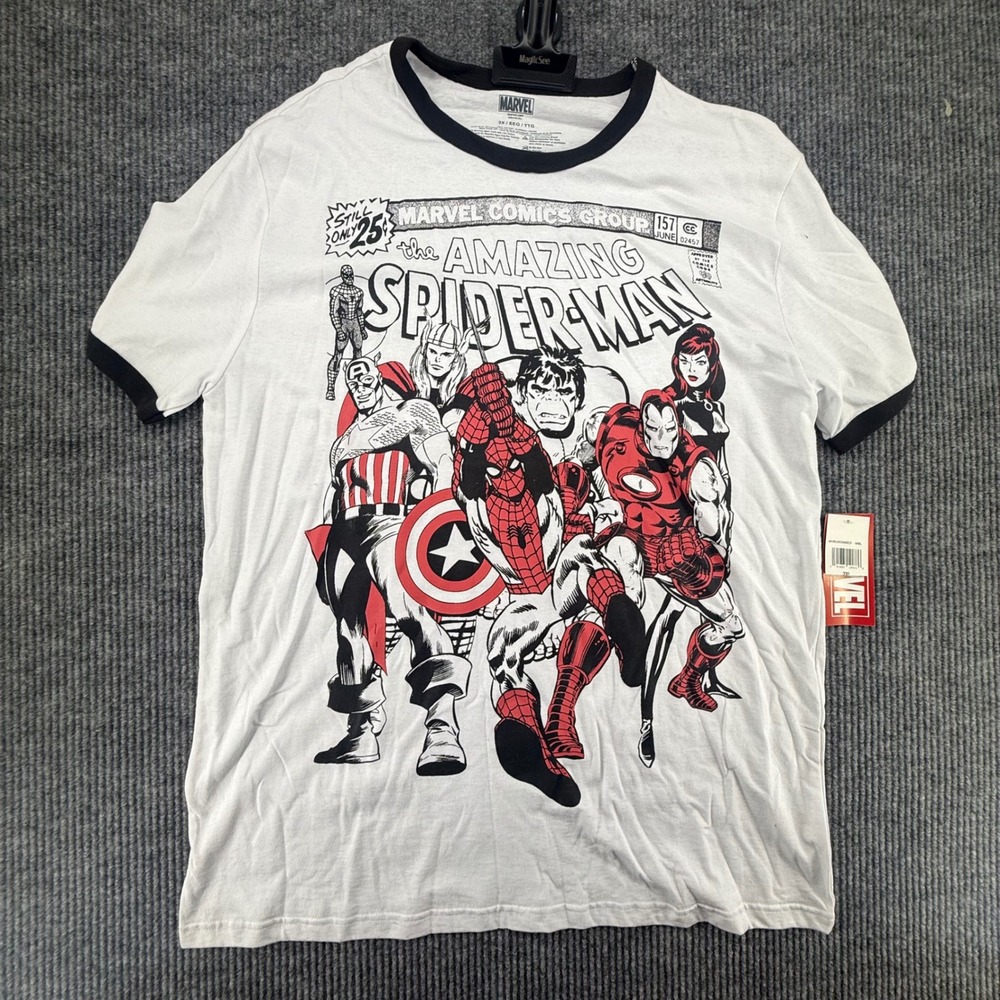 Marvel T-Shirt Mens 2XL White New Spider-Man Avengers Graphic Ringer Tee
